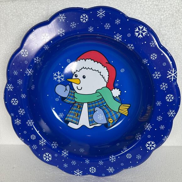 Vintage Snowman Snowflake Winter Serving Bowl Navy Blue Scallop Edge Holiday - Picture 1 of 7